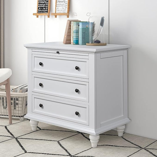 Merax Wood Nightstand with 3 Storage Drawers, Bedside End Table with Pull Out Tray, White (No Guide Rails)