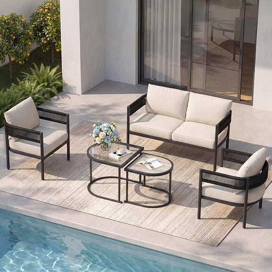 Grand patio 5-Piece Outdoor Furniture Set, 4 Seats Wicker Sofa Conversation Set with Thick Cushions and Coffee Table, for Backyard, Balcony, Garden (Beige)