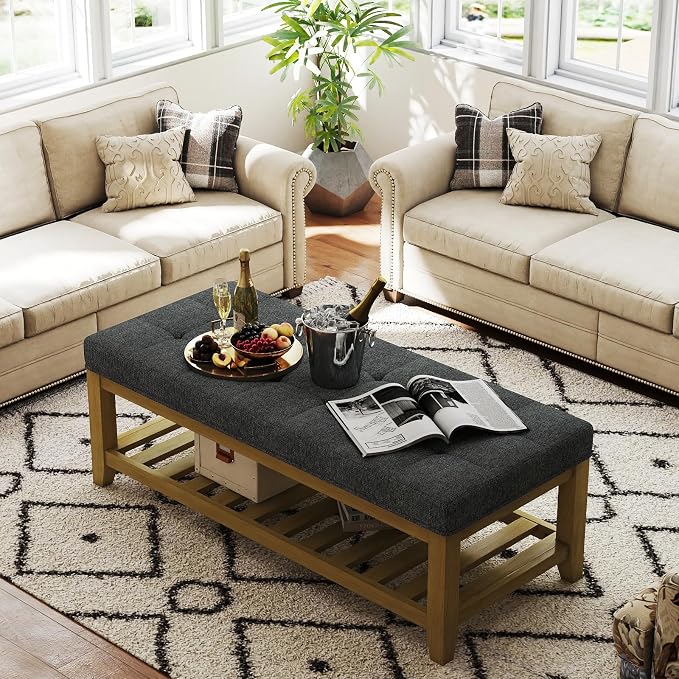 Befurtori Large Rectangular Upholstered Ottoman Bench, Linen Tufted Footrest Ottoman with Solid Wood Shelf Storage Coffee Table for Bedroom Living Room, Dark Gary