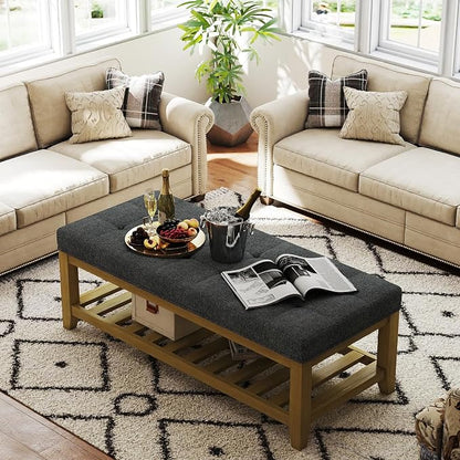 Befurtori Large Rectangular Upholstered Ottoman Bench, Linen Tufted Footrest Ottoman with Solid Wood Shelf Storage Coffee Table for Bedroom Living Room, Dark Gary