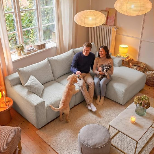 Homkdom 98" Boneless Couches for Living Room, L-Shape Modular Sectional Sofa with Deep Seat Oversized Right Facing Chaise, Cloud Couch for Apartment, Small Space (Grey-Check, Right Facing)