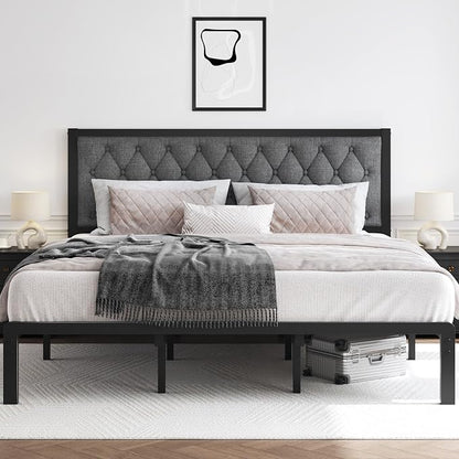 HISOFT King Bed Frame with Upholstered Button Tufted Headboard, Bed Frame Platform Metal Slats Support, Under Bed Storage, No Box Spring Needed, Noise-Free, Easy Assembly, Grey