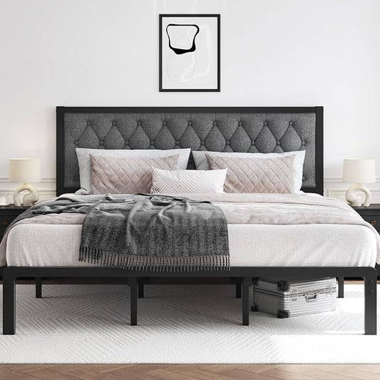 HISOFT King Bed Frame with Upholstered Button Tufted Headboard, Bed Frame Platform Metal Slats Support, Under Bed Storage, No Box Spring Needed, Noise-Free, Easy Assembly, Grey