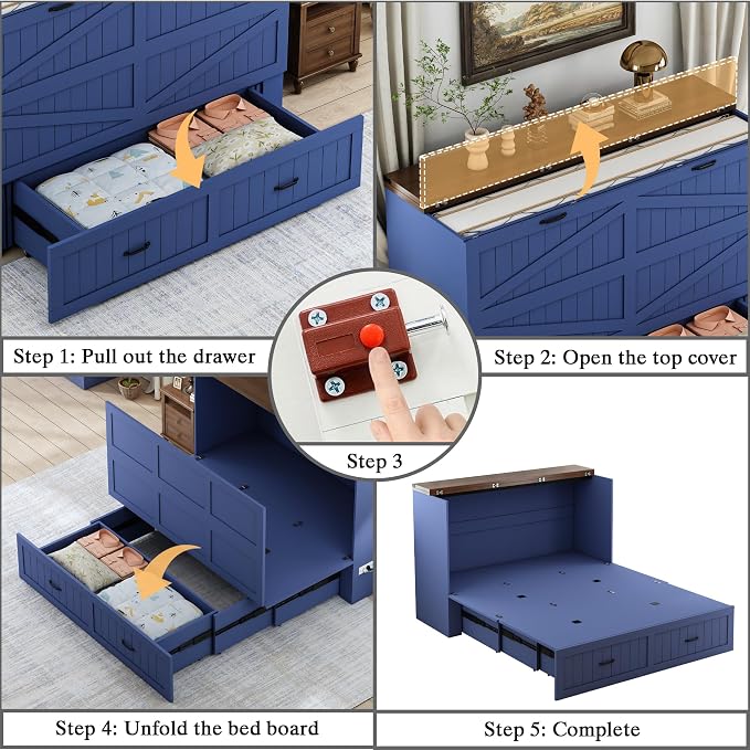 Queen Murphy Bed with Charging Station, Farmhouse Noisy-Free Foldable Cabinet Bed Frame with Storage Drawer, Space Saving Hideaway Wall Bed for Guest Bedroom, Living Room, Office, Blue