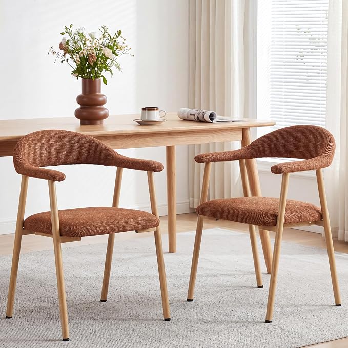 DUMOS Dining Chairs Set of 2, Linen Fabric Upholstered Kitchen Side Chairs with Curved Backrest & Metal Legs, Modern Farmhouse Accent Chair for Dining Room Kitchen Living Room Cafe, Orange
