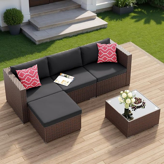 Aiho 5 Pieces Patio Furniture Sets, All-Weather PE Rattan Outdoor Patio Furniture with Cushions and Glass Table, for Garden, Backyard, Porch, Black