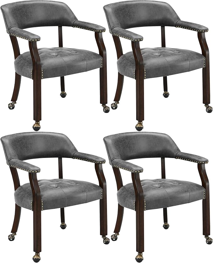 LEEMTORIG Set of 4 Dining Chairs with Casters and Arms, Rolling Dining Chairs with Wheel for Elderly, Ergonomic Wide Seat Wood Office Desk Chairs, 26"Dx25.2"W, Espresso Legs&Dark Grey Fabric SY-318-GY