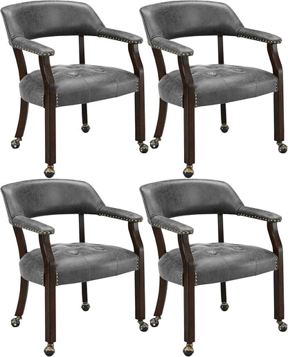 LEEMTORIG Set of 4 Dining Chairs with Casters and Arms, Rolling Dining Chairs with Wheel for Elderly, Ergonomic Wide Seat Wood Office Desk Chairs, 26"Dx25.2"W, Espresso Legs&Dark Grey Fabric SY-318-GY