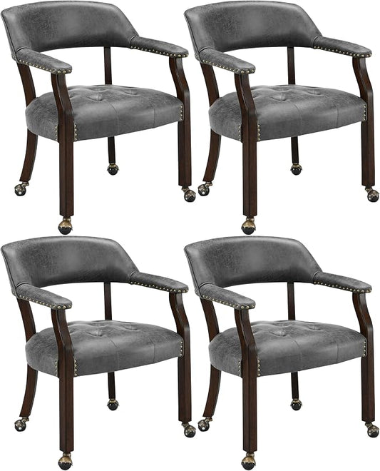 LEEMTORIG Set of 4 Dining Chairs with Casters and Arms, Rolling Dining Chairs with Wheel for Elderly, Ergonomic Wide Seat Wood Office Desk Chairs, 26"Dx25.2"W, Espresso Legs&Dark Grey Fabric SY-318-GY