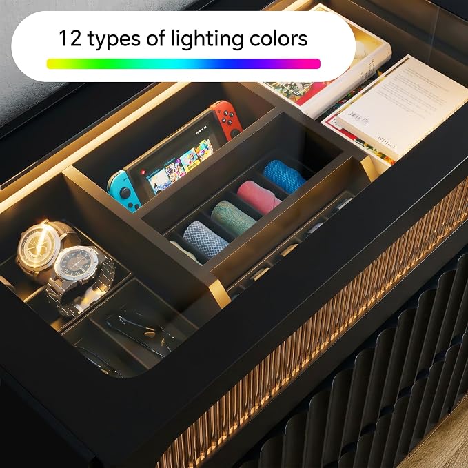 senlin Modern 16 Drawer Wardrobe Armoire with Glass Top LED Lights,Fluted Island Dresser Bedroom Closet Organizer System,Large Clothing Storage Cabinet with Jewelry Tray,Hidden Handles (Black)