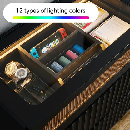 senlin Modern 16 Drawer Wardrobe Armoire with Glass Top LED Lights,Fluted Island Dresser Bedroom Closet Organizer System,Large Clothing Storage Cabinet with Jewelry Tray,Hidden Handles (Black)