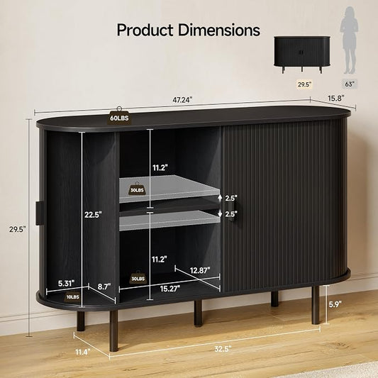 Buffet Sideboard Cabinet with Storage, 48" Fluted Cabinet with Sliding Door & Adjustable Shelf, Modern Accent Coffee Bar Console Table for Kitchen, Entryway, Black
