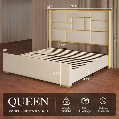 Queen Bed Frame with 55.12" Tall Headboard, Modern Luxury Velvet Upholstered Platform Bed with Gold Trim, Wide Wingback Design, Noise-Free, Easy Assembly, No Box Spring Needed, Beige