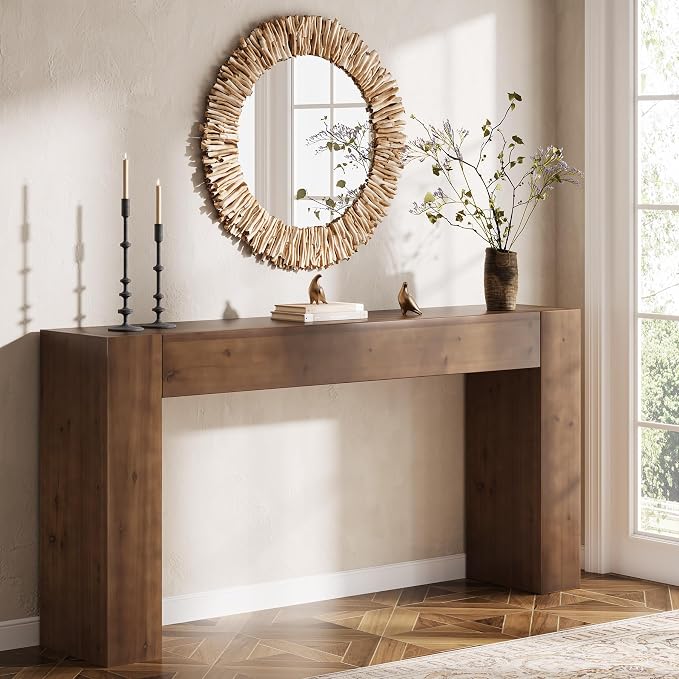Solid Wood Console Table, 63-Inch Farmhouse Sofa Table Behind Couch for Entryway, Living Room, Foyer, Easy Assembly (Walnut)