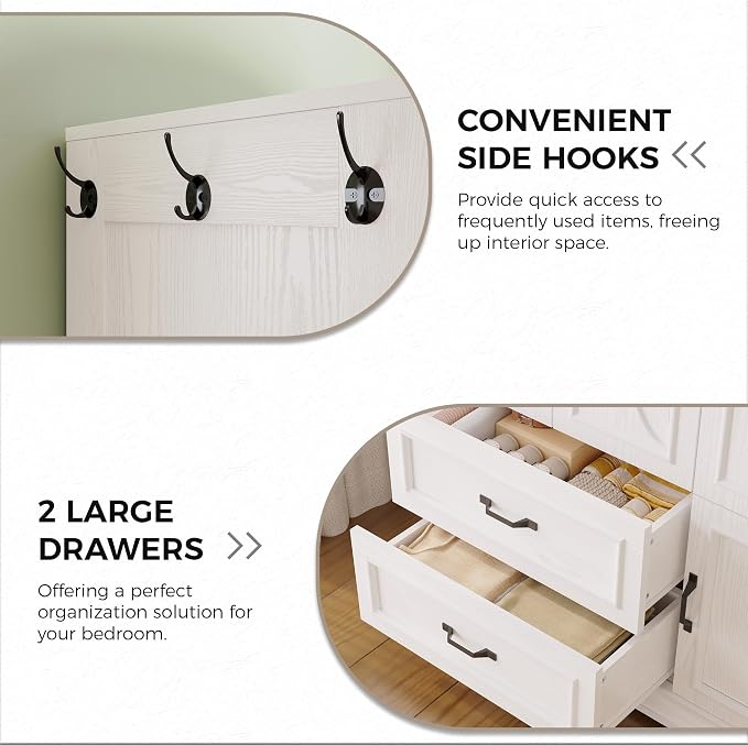 LIKIMIO Armoire Wardrobe Closet with 4 Doors and Drawers, Wardrobe Cabinet with Storage Shelves and Side Hooks, Clothing Storage Cabinet for Bedroom, White