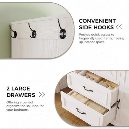 LIKIMIO Armoire Wardrobe Closet with 4 Doors and Drawers, Wardrobe Cabinet with Storage Shelves and Side Hooks, Clothing Storage Cabinet for Bedroom, White