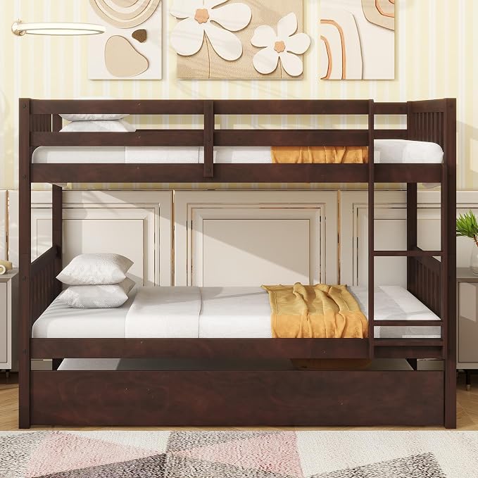 Merax Twin-Over-Twin Bunk Bed with Movable Trundle, Solid Wood Detachable Bunk Bed with Safety Guardrial and Ladder, Can be Converted Into 3 Separate Beds (Espresso)
