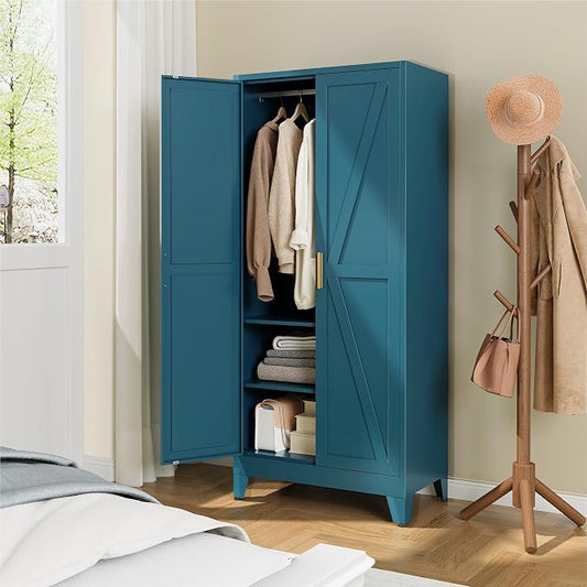 YAUWOH Farmhouse Wardrobe Cabinet,Metal Wardrobe Closet with Hanging Rod,Metal Armoire with Adjustable Shelves for Bedroom,Cloak Room,Office (Blue)