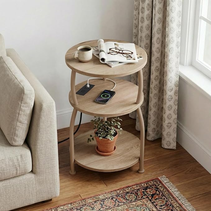 Round Side Table with Power Outlet & USB Ports, 3-Tier End Table with Storage Shelf, 15.7" Wide Nightstand for Small Spaces, Tall Bedside Table Capable of Charging Laptops & Phones, Rustic Brown