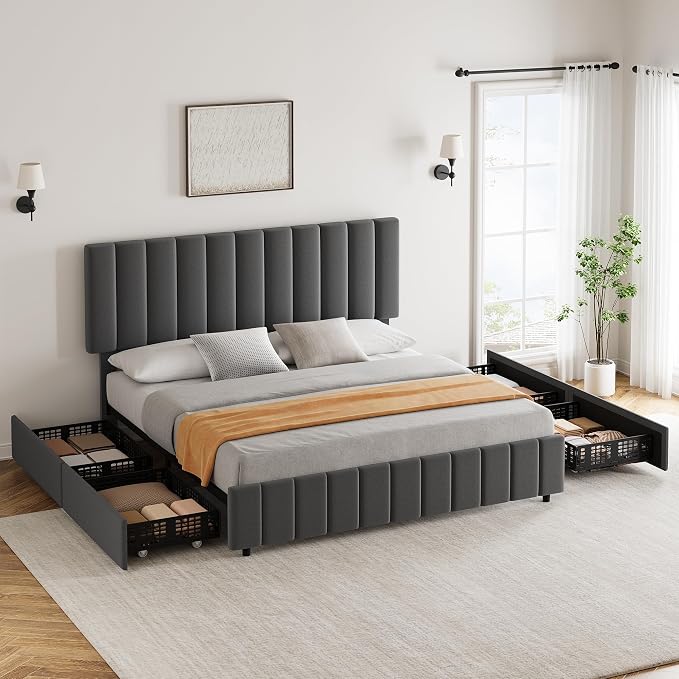 IDEALHOUSE Queen Upholstered Bed Frame with 4 Storage Drawers, Adjustable Headboard and Wooden Slats Support, No Box Spring Needed, Grey
