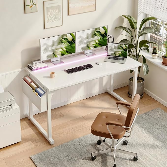 DurayLoly 48 Inch Computer Desk with LED Lights for Home Office,Bedroom Study Desk for Teens, Sturdy Metal Frame,Headphone Hook & Storage Bag,Small Space Design,White