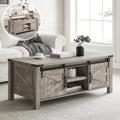 OKD 48" Farmhouse Lift Top Coffee Table with Sliding Barn Door,Rustic Center Table w/Hidden Storage Compartment, Lift Tabletop Dining Table w/Adjustable Shelf for Living Room,Light Rustic Oak