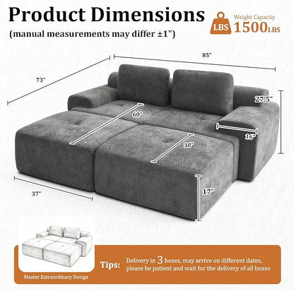 85" Oversized Boneless Couch, Comfort Cloud Sectional Couches for Living Room, Modular Sofa High Back & Extra Deep Seat, No Assembly, Soft Chenille Fabric (Dark Grey, 85 inch- Shaped（2+2）)