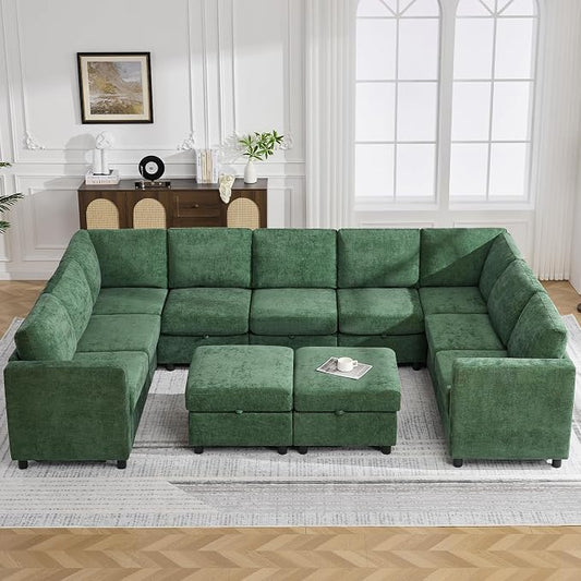 127'' Oversized U Shaped Modular Sofa, Sectional Couches with Storage for Living Room, Modern 9 Seater Cloud Sectional Couch with Movable Ottoman, Chenille Dark Green