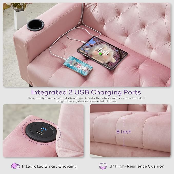 TYBOATLE 62" W Loveseat Sofa w/ 2 USB Charger Ports and 2 Cupholders, Mid-Century Modern Tufted Pink Velvet Small Love Seat Couches for Compact Living Room, Bedroom, Apartment, Dorm