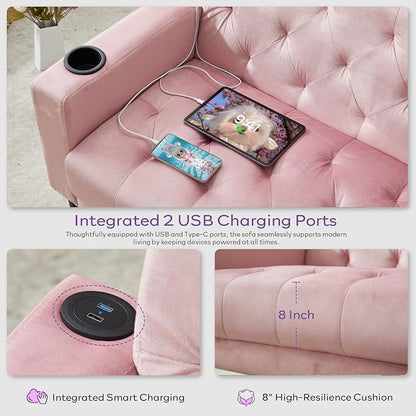 TYBOATLE 62" W Loveseat Sofa w/ 2 USB Charger Ports and 2 Cupholders, Mid-Century Modern Tufted Pink Velvet Small Love Seat Couches for Compact Living Room, Bedroom, Apartment, Dorm