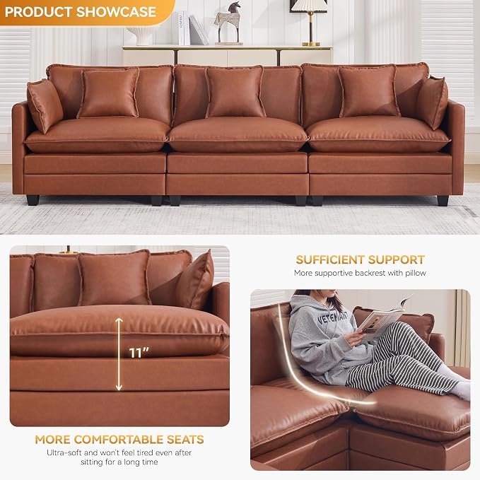 111'' Sectional Cloud Deep Seat Couch, Modern Comfy Leather Modular Sectional Sofa for Living Room Set, Upholstered Modular 3-Seats Sofa Couch, Leather Brown