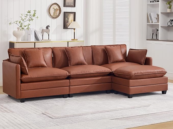 111'' Sectional Cloud Deep Seat Couch, Modern Comfy Leather L Shaped Sectional Sofa for Living Room Set, Upholstered Modular 4-Seats Sofa Couch with 1 Movable Ottoman, Leather Brown