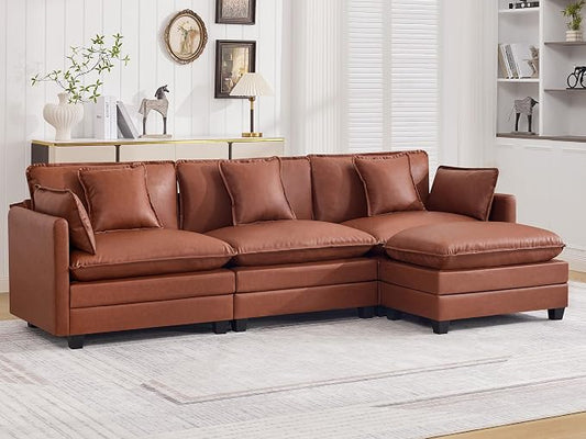 111'' Sectional Cloud Deep Seat Couch, Modern Comfy Leather L Shaped Sectional Sofa for Living Room Set, Upholstered Modular 4-Seats Sofa Couch with 1 Movable Ottoman, Leather Brown