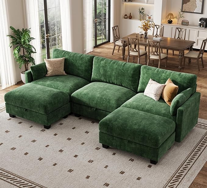 Modular Sectional U Shaped Sofa Couches for Living Room, Cloud Couch with Storage Ottoman, Comfy Chenille Sofa with Pillow, Green