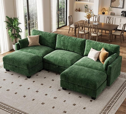 Modular Sectional U Shaped Sofa Couches for Living Room, Cloud Couch with Storage Ottoman, Comfy Chenille Sofa with Pillow, Green