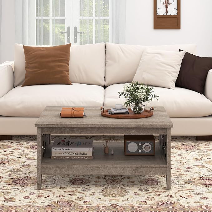 Giantex Farmhouse Coffee Table, 2-Tier Center Table with Storage Open Shelf & Woven Slatted Design, 39.5" Rectangular Accent Cocktail Table, Wood Coffee Tables for Living Room (Rustic Oak)