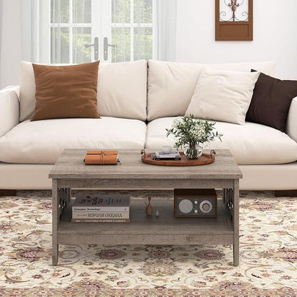 Giantex Farmhouse Coffee Table, 2-Tier Center Table with Storage Open Shelf & Woven Slatted Design, 39.5" Rectangular Accent Cocktail Table, Wood Coffee Tables for Living Room (Rustic Oak)
