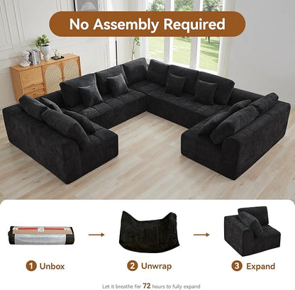140''Modular Sectional Couches for Living Room, Cloud Boneless Compressed Sectional Sofa, Oversized U Shaped 9 Seater Upholstered Memory Foam Sofa, No Assembly, Chenille Black
