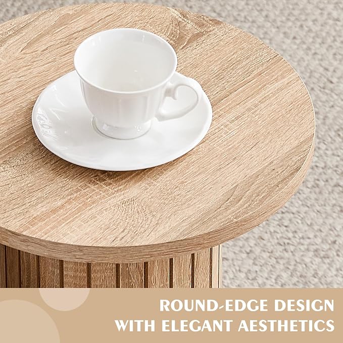 Round Side Tables Set of 3, Circle Modern Fluted Nesting Coffee Table, Accent End Table Set for Living Room and Bedroom, Natural