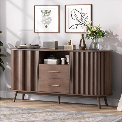 JOINICE Walnut Sideboard Buffet Cabinet with Storage for Dining Room，63" | Mid-Century Modern Storage Cabinet,2 Drawers&Fluted Sliding Doors,Solid Wood Legs,adjustable shelf,supports up to 100 lbs