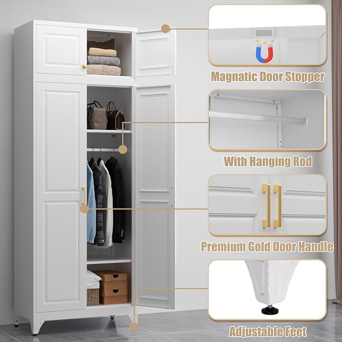 Armoire Wardrobe Closet with Hanging Rod, 86.6"Tall Metal Clothes Storage Cabinet with Doors and Adjustable Shelves, White Wardrobe Cabinet, Steel Closet for Bedroom, Bathroom, Office, School