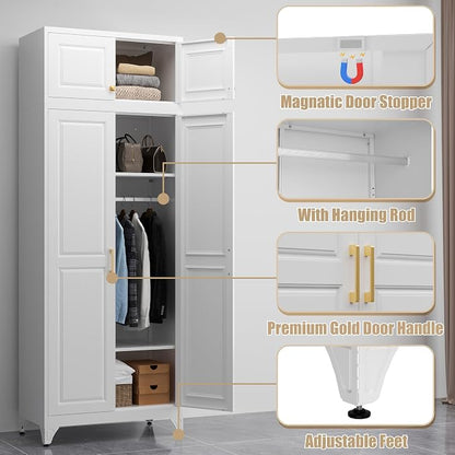 Armoire Wardrobe Closet with Hanging Rod, 86.6"Tall Metal Clothes Storage Cabinet with Doors and Adjustable Shelves, White Wardrobe Cabinet, Steel Closet for Bedroom, Bathroom, Office, School