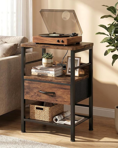 Lazzanto Nightstands Set of 2 with Charging Station, Bedside Tables with Open Shelf & Hooks, End Tables with USB-C USB-A Ports AC Outlets, Night Stand for Bedroom with Fabric Drawer, Rustic Brown