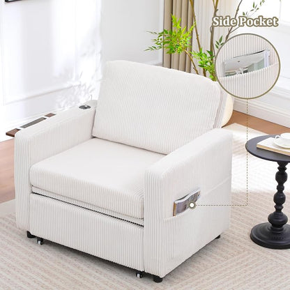 3 in 1 Folding Convertible Sleeper Sofa Bed Pull Out Couch with Side Pockets USB Port Side Table Single Sofa Bed with Adjustable Backrest for Living Room Bedroom 66" Beige 1 SEAT