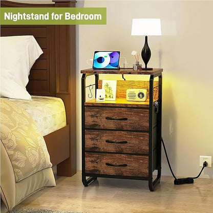 runjuly Night Stand Set 2, Nightstand with LED Lights and Fabric Drawers, Matching End Tables with Charging Station USB C Port, Bedside Tables with Hooks for Bedroom, Rustic Brown
