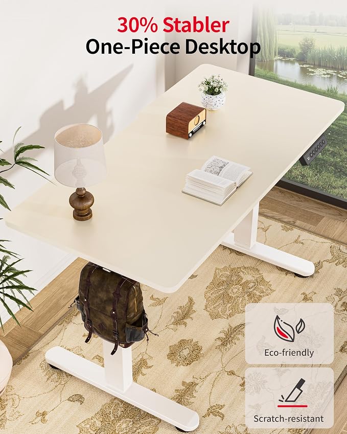 Okin Standing Desk Electric Adjustable Computer Whole Piece Stand up Desk with Wheels Office Gaming Home Office Memory Desks 48x24 inches Cream Brown