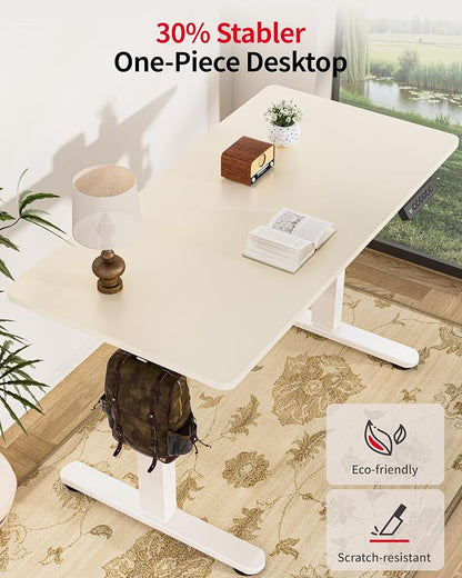 Okin Standing Desk Electric Adjustable Computer Whole Piece Stand up Desk Office Gaming Home Office Memory Desks 48x24 inches Cream Brown