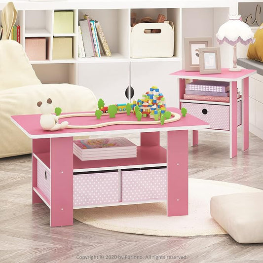 Furinno ANDREY Side Table, End Table, Night Stand with Open Shelves and Storage Bin, Bedside Table, for Living Room, Bedroom, Pink