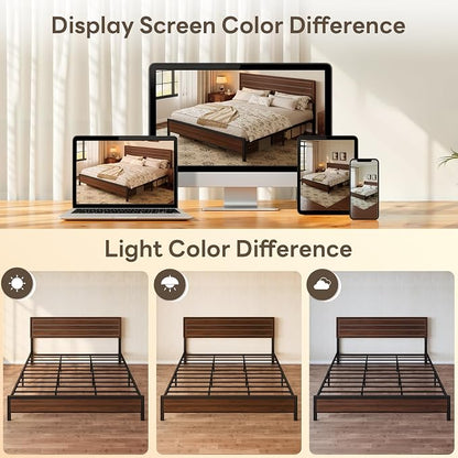 LIKIMIO King Bed Frame and Headboard, Mid-Century Modern King Platform Bed, Heavy Duty Silent Metal Slats, No Box Spring Needed, Noise-Free, Dark Walnut