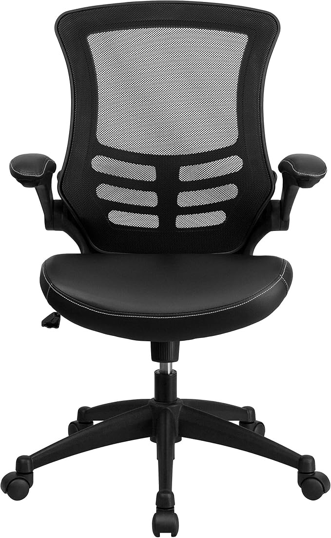 Flash Furniture Kelista Mid-Back Swivel Office Chair with Adjustable Seat Height, Ergonomic Mesh Desk Chair with LeatherSoft Seat, Black